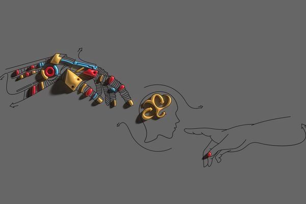 Hands of Robot and Human hands touching with fingers, Virtual Re